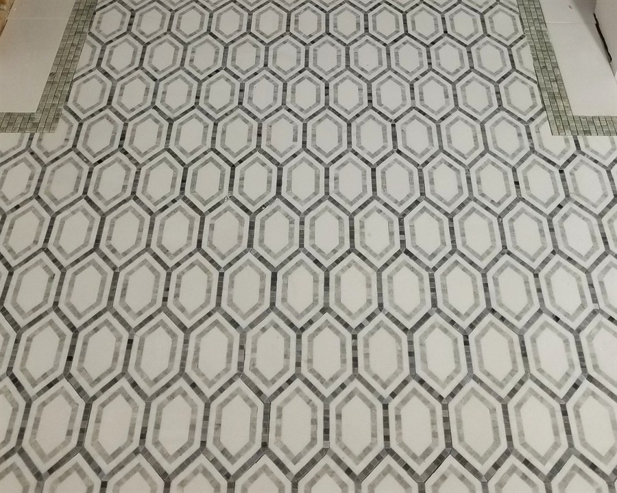 Octagon and dot marble mosaic tile floor